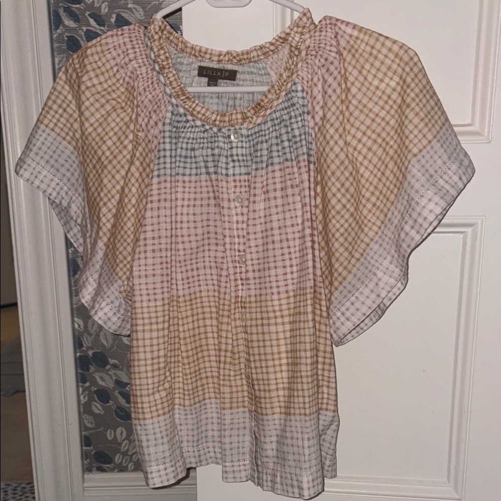 Lilla P Pink and Tan Checkered Blouse